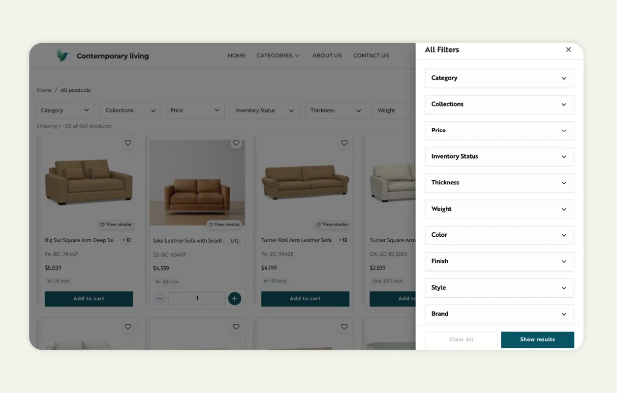 easy product discovery through advance filters in WizShop, a B2B ecommerce platform