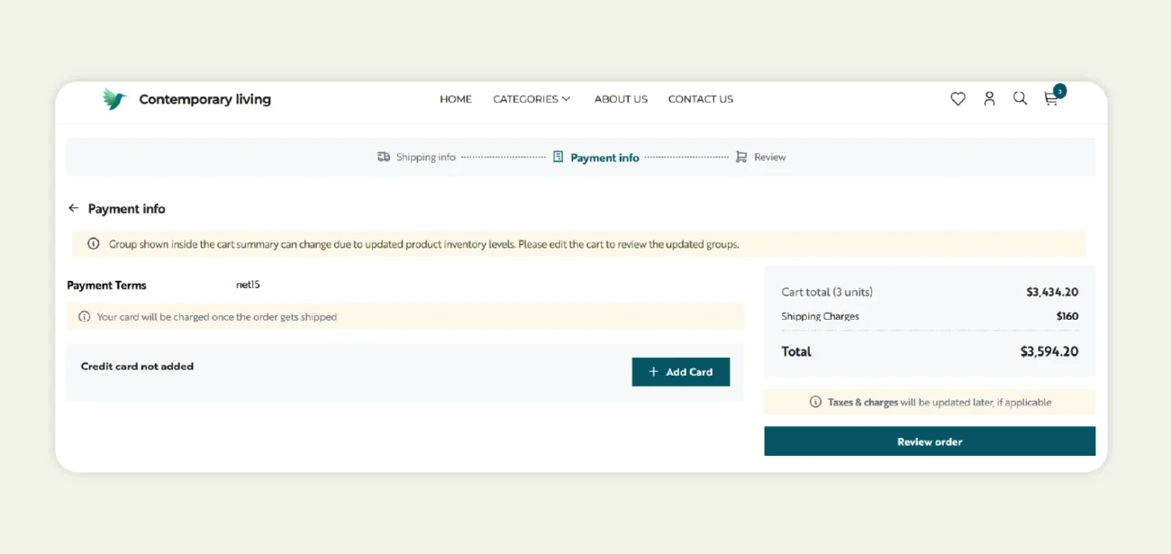A checkout page of a B2B storefront created in WizCommerce