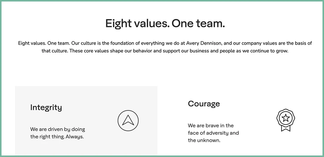 Corporate values display with integrity and courage principles