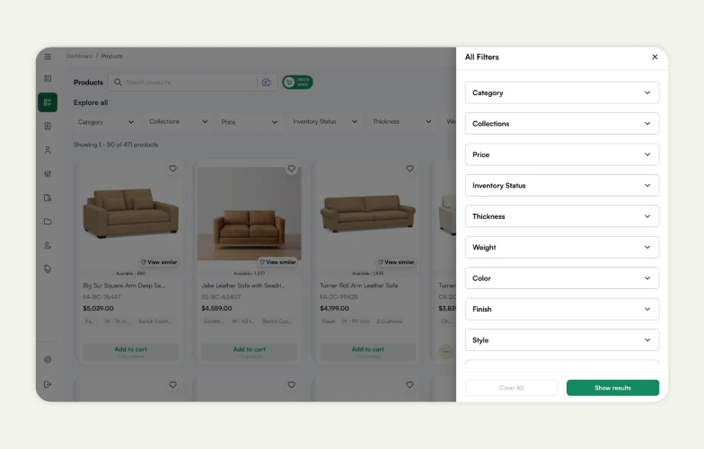 Filters on the product listing page in WizOrder