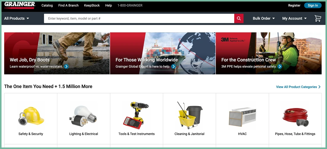 Industrial supply website with bulk ordering functionality